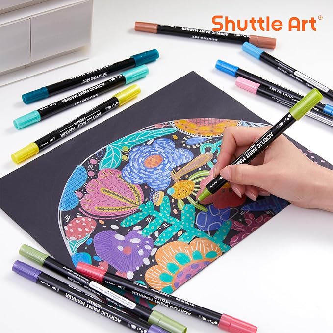 28 Metallic Colors Dual Tip Acrylic Paint Markers, Brush Tip and Dot Tip Acrylic Paint Pens for Rock Painting, Ceramic, Wood, Canvas, Plastic, Glass, Stone, Calligraphy, Card Making, DIY Crafts-DeskLoop Office