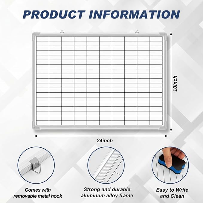 Lined Whiteboard Blank Grid Aluminum Frame Dry Erase Board Reusable Wall - Image 2