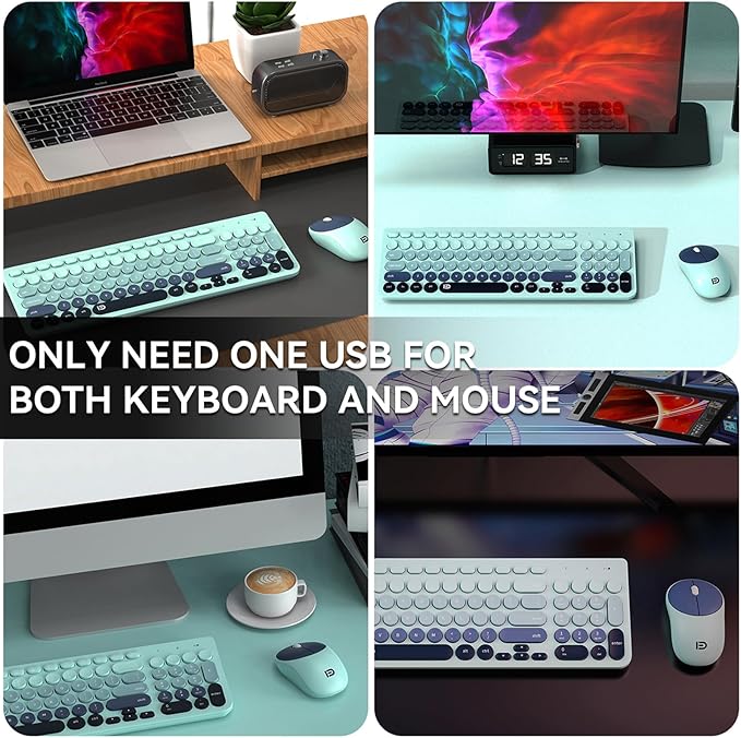 FD Wireless Keyboards and Mouse Combo - 2.4GHz USB Cordless, Cute Wireless Keyboard Round Keys, Quiet and Slim Set for Laptop, Computer, TV and Mac - Indigo Blue Colorful-DeskLoop Office