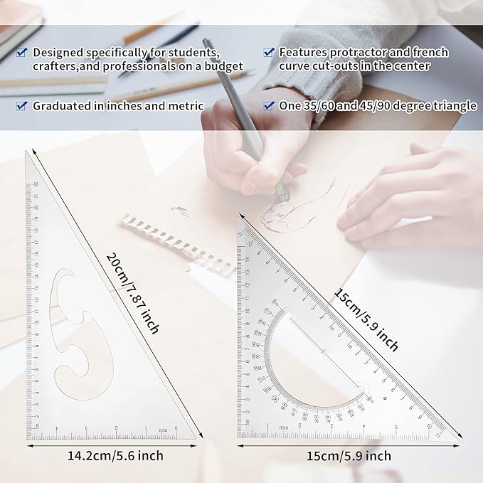 Frienda 5 Pieces Drafting Tools 12 Inch T-Square Ruler Plastic Transparent Drawing Ruler 180 Degree Protractor, 2 Triangles and a French Curve for Students and Engineering Drawing-DeskLoop Office