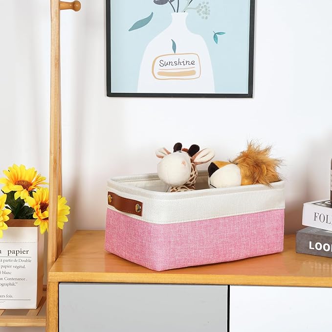 DULLEMELO Small Storage Baskets 6 Pack, Fabric Collapsible Gift Storage Baskets for Shelves, Closets, Nursery, Home, Office Organizing,Small Canvas Linen Rectangular Storage Bins (6-Pack, White&Pink)-DeskLoop Office
