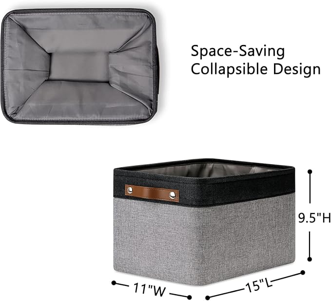 DULLEMELO Canvas Storage Bin with Handles, Fabric Bins for Shelves, Bedroom, Office,Nursery,Fabric Storage Baskets for Toys, Clothes,Gift(Black&Grey,15"x11"x9.5",4-Pack)-DeskLoop Office