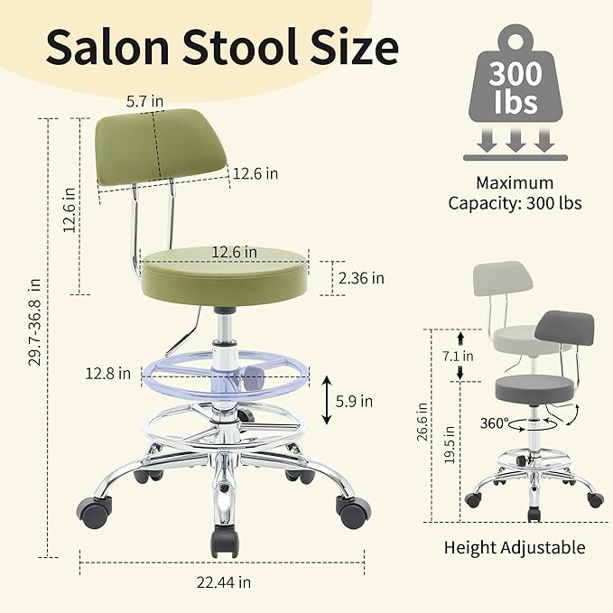Height Adjustable Stool 19.5’’-26.6’’, Rolling Chair with Back and Footrest, Green Esthetician Stool Ergonomic (Green)-DeskLoop Office