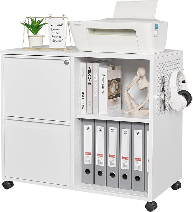Letaya Mobile File Cabinet, Metal Lateral Rolling Printer Stand Filing Cabinets with Shelves for Home Office-Storage A4/F4/Letter (White)-DeskLoop Office