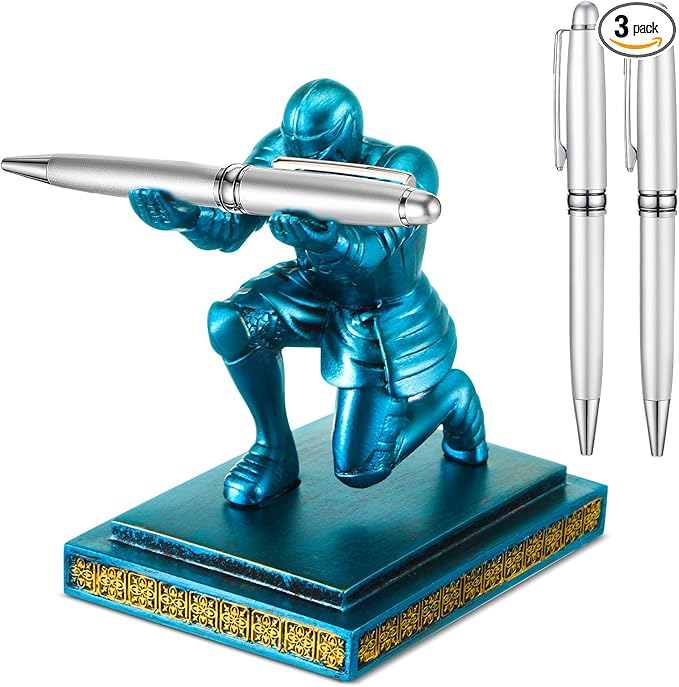 Spakon Knight Pen Holder with 2 Pens Resin Desk Organizers and Accessories Funny Executive Pen Stand Fancy Cool Office Gadgets Cool Desk Decorations for Men Home Supplies(Classic,Blue)-DeskLoop Office