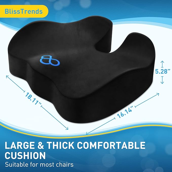 BlissTrends Seat Cushion,5.2in Thick Memory Foam Cushions for Office Chair, Car Seat, Airplane, Relieving Pressure Tailbone Sciatica Back Pain for Long Sitting Office Workers, Car Drivers Black-DeskLoop Office