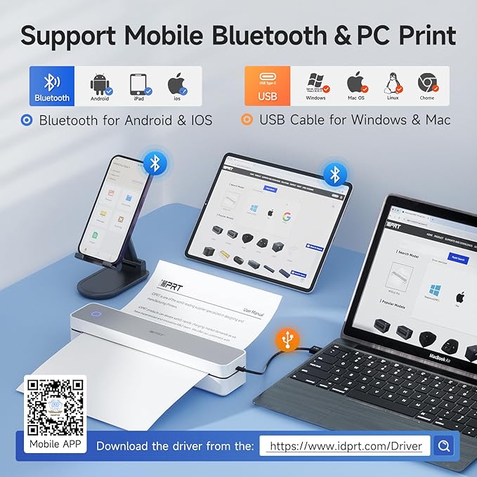 iDPRT Portable Printer Wireless for Travel - 203DPI Bluetooth Mobile Printer Support for 8.5"x11" US Letter, Inkless Compatible with iOS, Android, Laptop for Office, Car and Home, School-DeskLoop Office