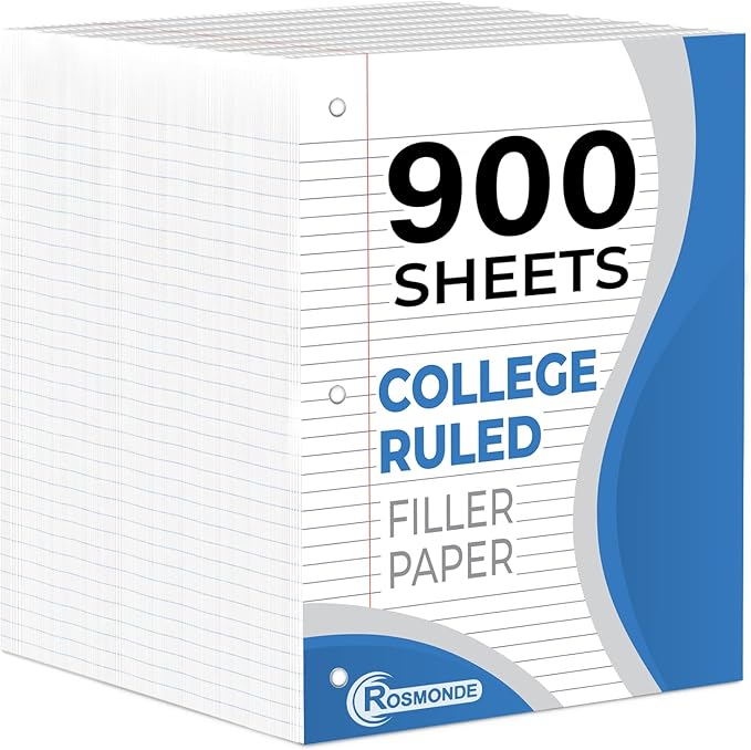 6 Pack Loose Leaf Paper, 900 Sheets, College Ruled, 8" x 10.5", 56 gsm Bulk Office Filler Paper, 150 Sheets/Pack, 3 Hole Punched, College Ruled Paper for 3 Ring Binder, Notebook Paper, White-DeskLoop Office