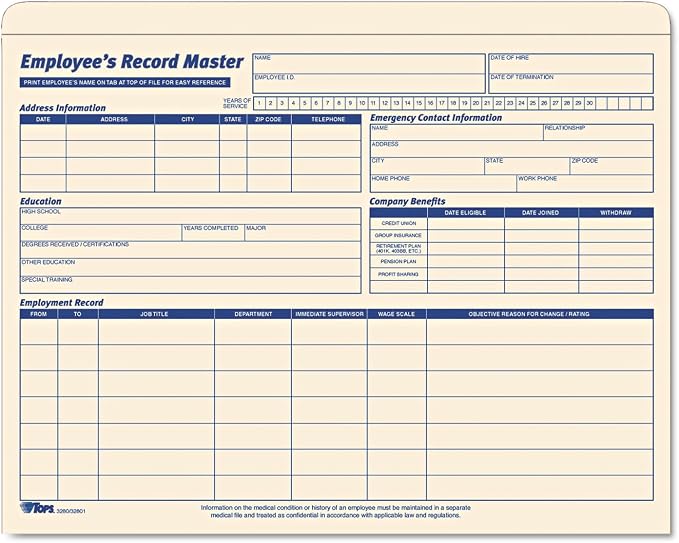 TOPS 3280 Employee Record Master File Jacket, 9 1/2 x 11 3/4, 10 Point Manila by TOPSProducts