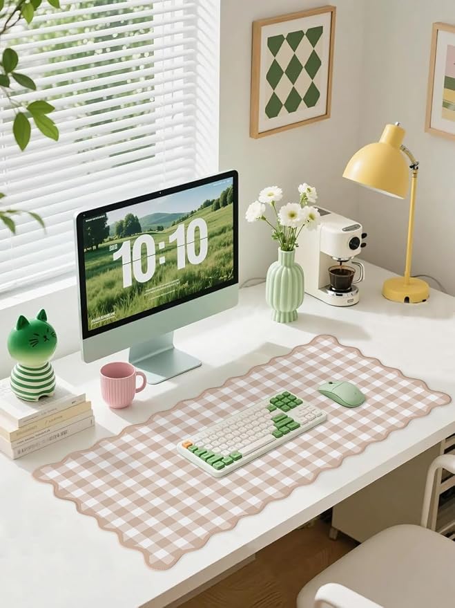 Scalloped‌ Checkered Desk Mat Cute Light Brown Gingham XXL Large Gaming Mouse - Image 2