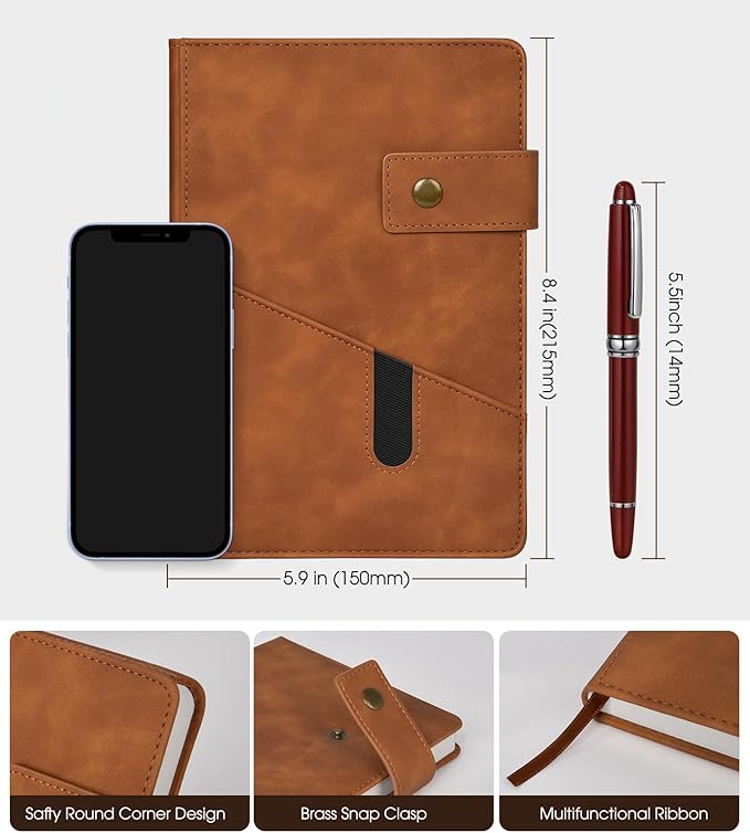 Brown A5 Lined Leather Journal Notebook for Men Women,5.9" X 8.4" Personalized Hardcover Journal with Pen,200 Pages 100 Gsm Thick Ruled Paper Daily Diary for Travel,Business,Work,Writing-DeskLoop Office