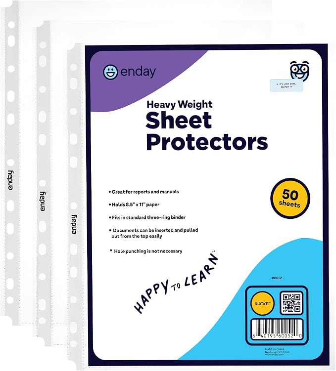 Clear Sheet Protectors for 3 Ring Binder Page Protectors 50 Pack- 8.5” x 11” by Enday
