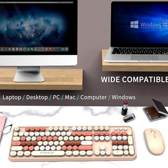 FD Wireless Keyboard and Mouse Combo | Cute Colorful Keyboard and Mouse with 2.4GHz Cordless Retro Typewriter Keyboard | Auto-Sleep | USB Receiver for Windows PC/Laptop - Creamy Colorful-DeskLoop Office
