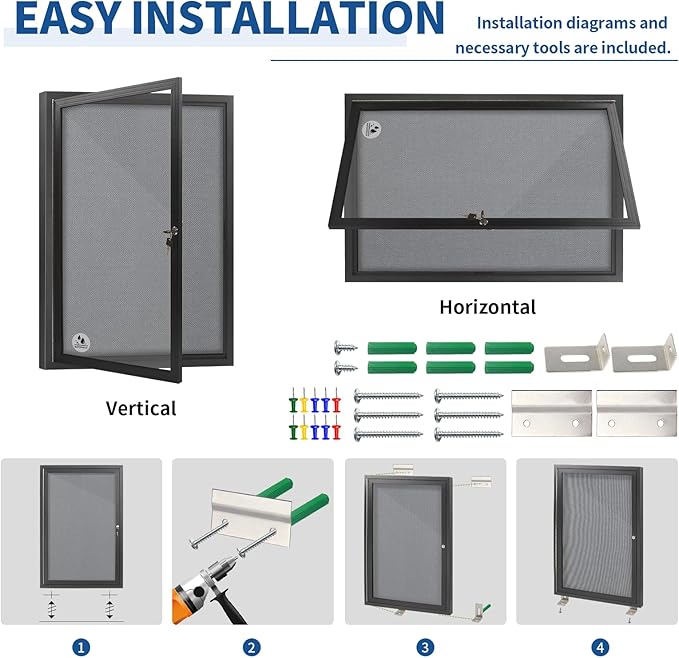 Outdoor Weatherproof Enclosed Fabric Bulletin Board,Noticeboard Case with Lockable Glass Door, Grey Felt,Black Aluminum Frame, 36x24 Inch (5xA4)-DeskLoop Office