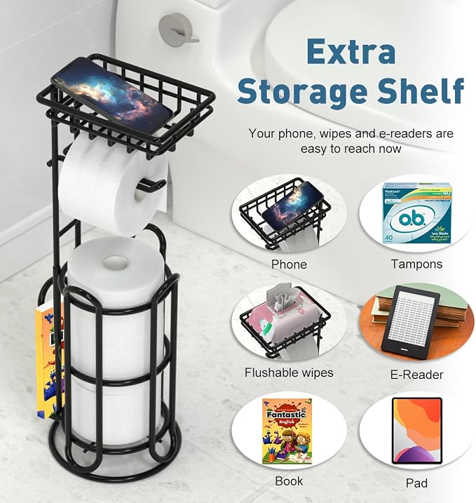Toilet Paper Holder Stand with Shelf Tissue Holders - Image 3