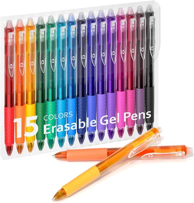 Lineon Erasable Gel Pens, 15 Colors Retractable 0.5mm Fine Point Erasable Pens by ShuttleArt
