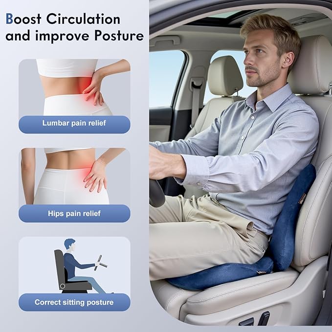 Coverado Memory Foam Car Seat Cushion and Lumbar Support Pillow for Car, Ergonomic Office Chair Cushion for Lower Back Pain Relief, Breathable & Non-Slip for Car, Home, and Office Use, Blue-DeskLoop Office