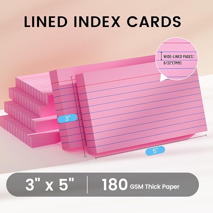 Index Cards 3x5 Inch, Flash Cards, Ruled Lined Pink Note Cards Paper - Image 2