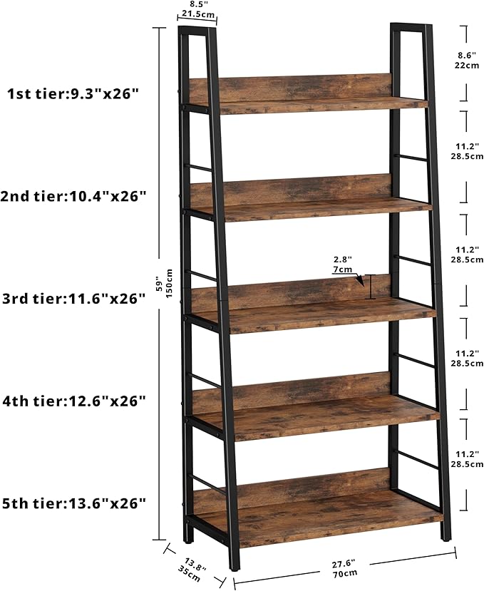 IRONCK Industrial Bookshelves and Bookcases, Ladder Shelf 5 Tiers with Metal Frame for Living Room, Home Office, Rustics Brown-DeskLoop Office