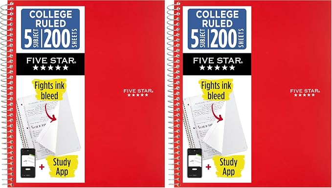 Five Star Spiral Notebook + Study App, 5 Subject, College Ruled Paper, 8-1/2" x by FiveStar