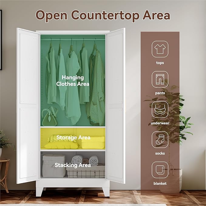 Farmhouse Wardrobe Cabinet,Metal Wardrobe Closet with Hanging Rod,Metal Armoire with Adjustable Shelves for Bedroom,Living Room, Cloak Room,Office (White)-DeskLoop Office
