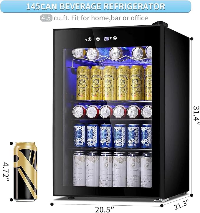 Antarctic Star Beverage Cooler 145 Can Mini Fridge Glass Door for Soda Beer Wine Glass Door Stainless Steel Small Drink Refrigerator Digital Display for Home, Office Bar,4.4cu.ft-DeskLoop Office