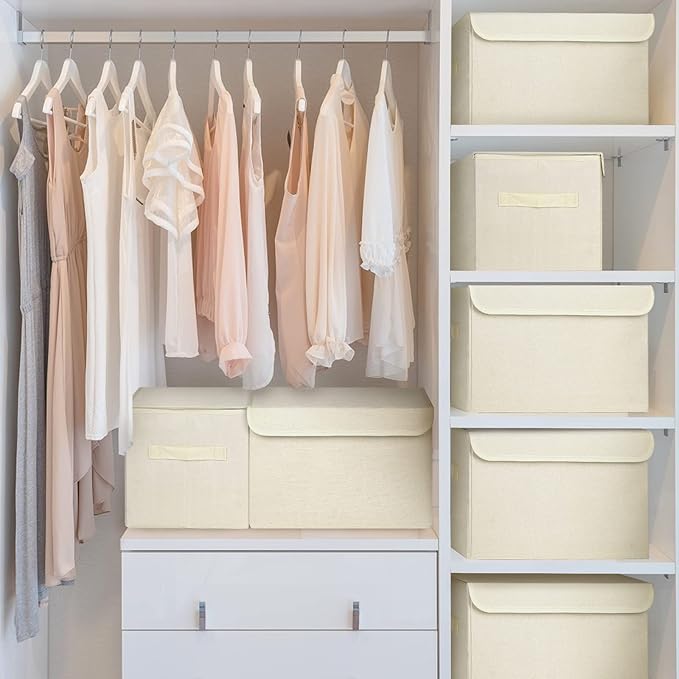 Large 22 Quart [4-Pack] Linen Fabric Foldable Storage Bin Cube Organizer Basket with Flip-Top Lid & Handles, Clothes Blanket Box for Home, Office, Closet (14.6 x 9.5 x 9.5, Beige)-DeskLoop Office