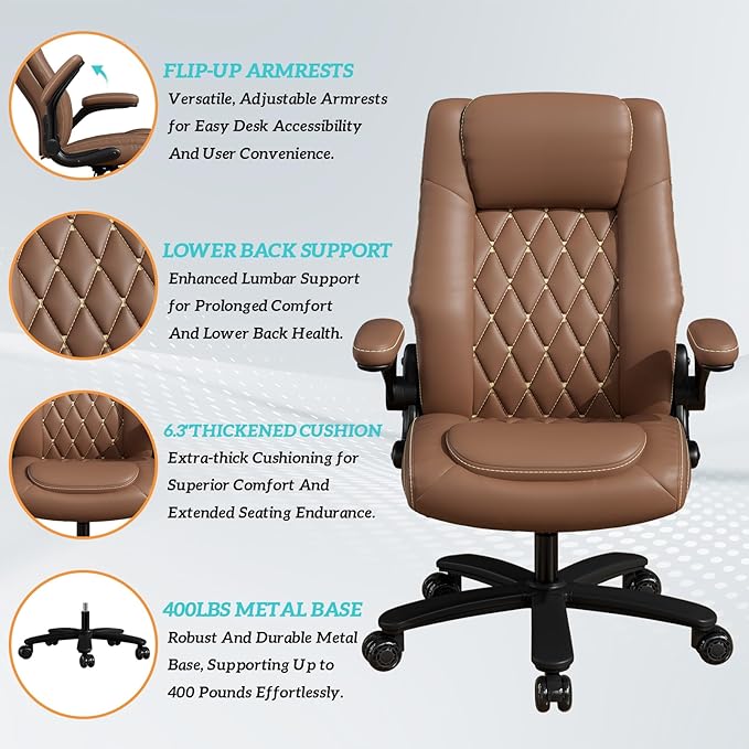 GYI O205P High Back Executive Office Chair, Big and Tall Office Chair 400LBS with Rubber Wheels,Ergonomic Adjustable Computer Desk Chairs with Padded Flip-up Armrests,Lumbar Support (Brown)-DeskLoop Office
