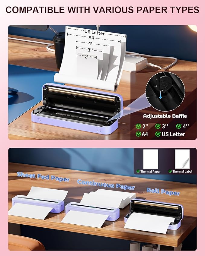 COLORWING Portable Printers Wireless for Travel, 300DPI Mini Compact Inkless Printer, Thermal Bluetooth Printer Compatible with Android and iOS Smartphone & Tablet & Laptop - Purple-DeskLoop Office