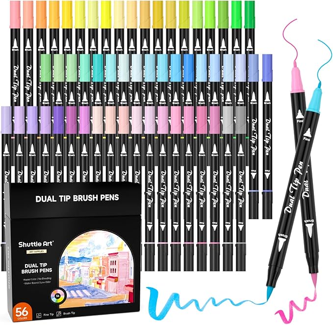 Shuttle Art Pastel Brush Pens, 56 Pastel Colouring Pens, Dual Tip Brush Markers with Fineliner Tip, Drawing Felt Tip Pens for Adults Colouring Books, Painting Sketching Calligraphy and Journaling-DeskLoop Office