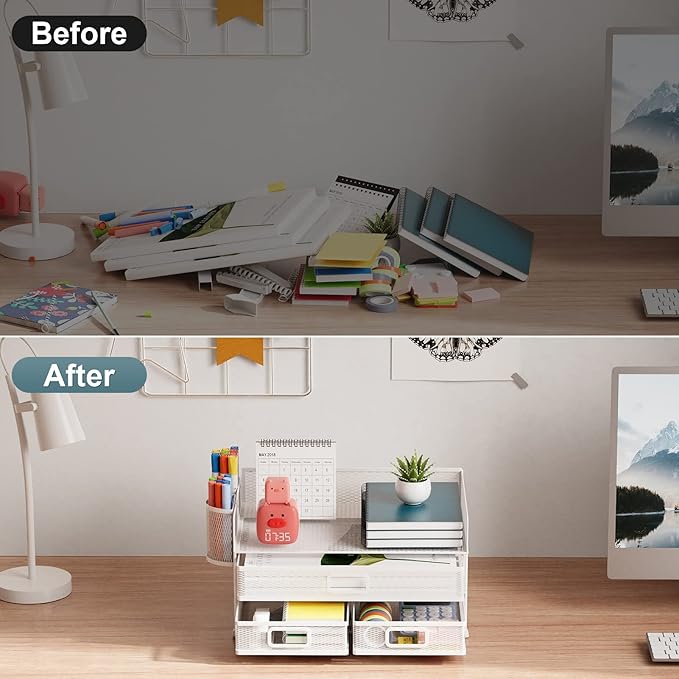 Marbrasse 3 Tier Mesh Desk Organizer with Drawer, Multi-Functional Desk Organizers and Accessories, Paper Letter Organizer with 2 Pen Holder for Home Office Supplies - White-DeskLoop Office