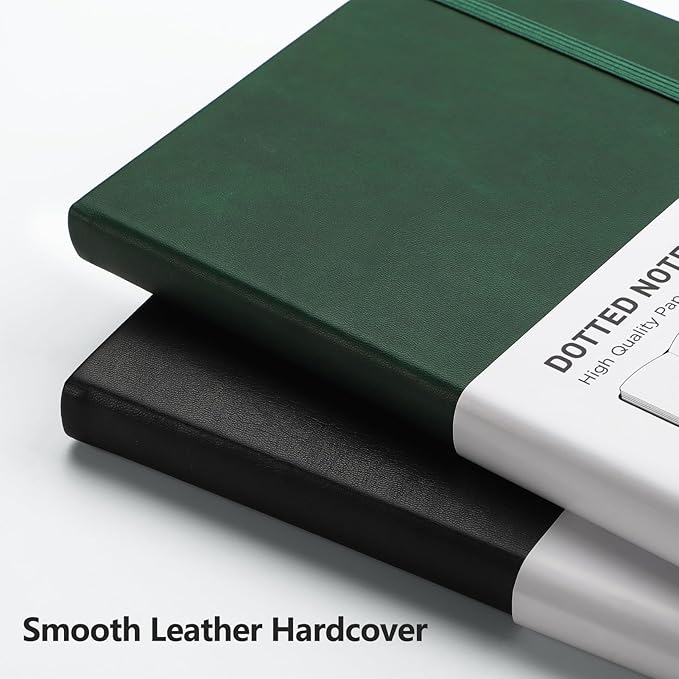 RETTACY Bullet Dotted Journal Notebook, 2-Pack, 160 Numbered Pages per Pack, A5 Medium Size (5.7'' x 8.3''), 120 GSM Thick Paper, Leather Hardcover, for Bullet Journaling (Black & Dark Green)-DeskLoop Office