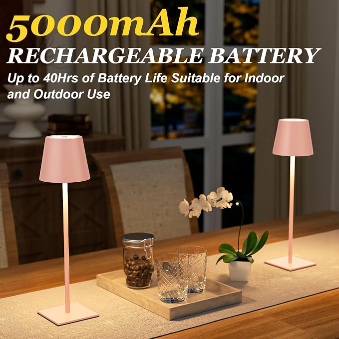 Kakanuo Pink Cordless Rechargeable Table Lamp 5000mAh Battery Operated Lamps - Image 4