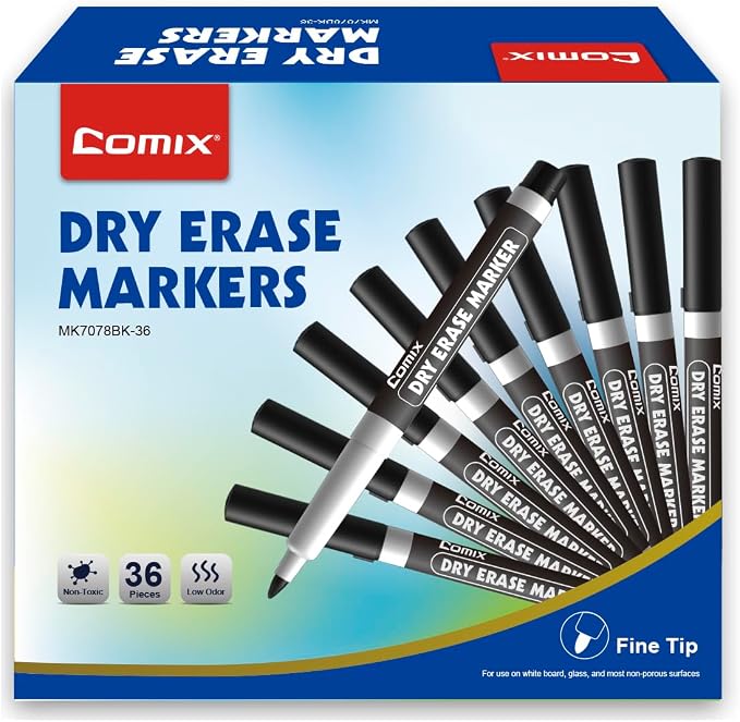 Comix Fine Tip Dry Erase Markers, Low Odor Whiteboard Markers, 36 Bulk Black - Image 5