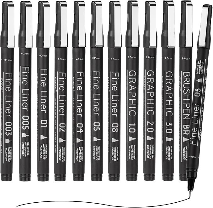 EYEYE Micro Fineliner Pens, Black Drawing Art Pens,12 Archival Pen Waterproof Ink Set Artist Supplies Archival Inking Markers Sketch Outline Pen, Precision Drawing and Sketching Kit-DeskLoop Office