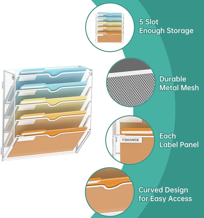 SUPEASY 5 Tier Wall File Organizer, Hanging Wall Mounted Mail Organizer - Image 3