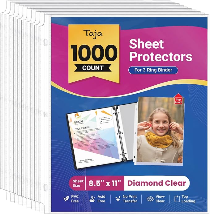 Taja Sheet Protectors for 3 Ring Binder, Plastic Sleeves for Paper Letter Size by Taja