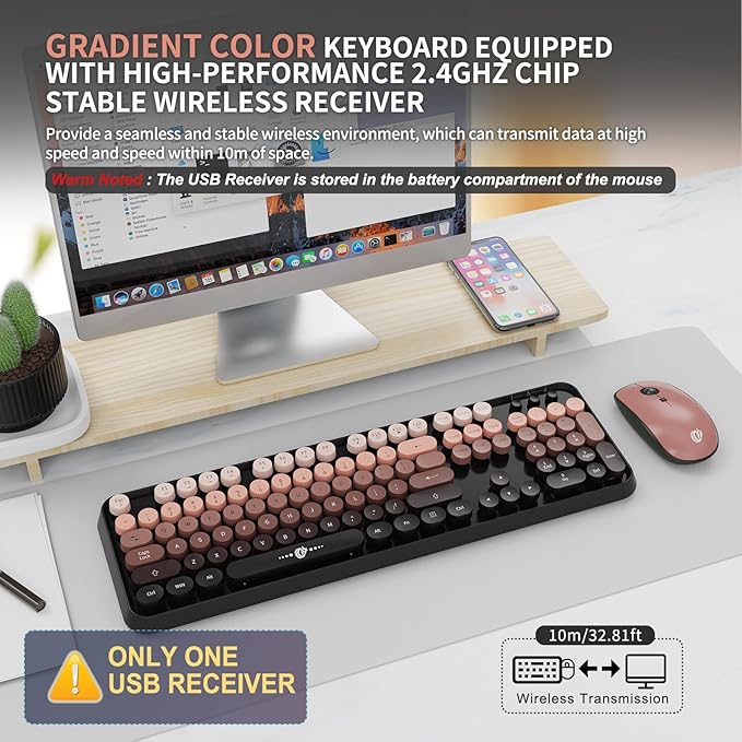 FD Wireless Keyboard and Mouse Combo - 2.4G Full-Sized Cute Colorful Mouse and Keyboard with 104 Round Keys Retro Typewriter Keyboard for Laptop/Windows/PC - Black Gradient-DeskLoop Office