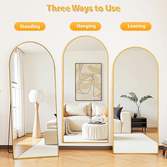 Full Length Mirror, 78"x38" Oversized Floor Mirror Freestanding, Full Body Mirror Floor Standing Mirrors with Stand, Hanging Mounted Mirrors for Bedroom Living Room, Gold, Arched Style-DeskLoop Office