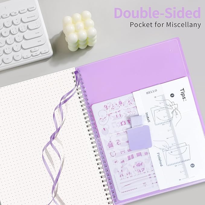 AHGXG Bullet Dotted Journal - Dot Grid Spiral Notebook 8.5" x 11", A4 Large Dotted Notebook, 100 GSM Thick Paper, Waterproof Plastic Cover Journals for Bullet Journaling, Sketching, Purple-DeskLoop Office
