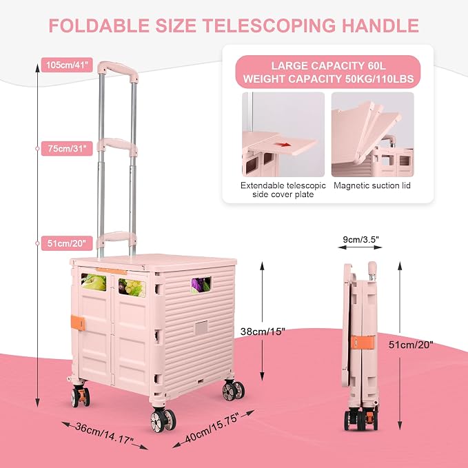 FELICON SELORSS Folding Utility Cart Portable Rolling Crate Handcart-Pink | - Image 4