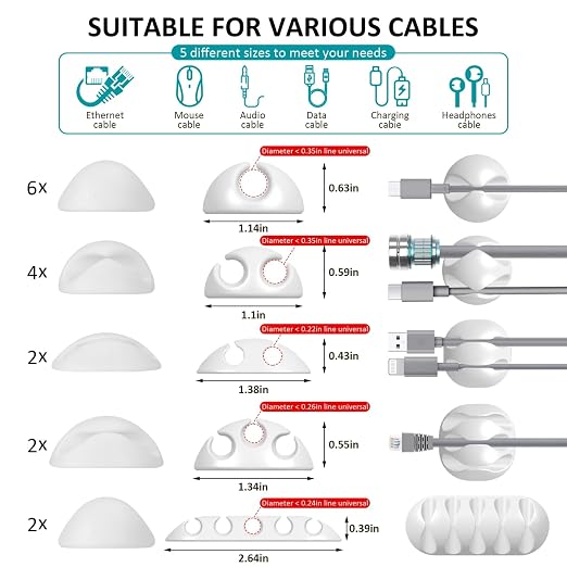 16Pack White Desk Cable Management, Adjustable Cord Organizer Cable Clips - Image 6