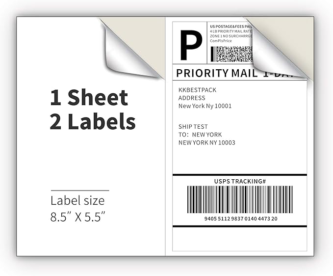 KKBESTPACK Half Sheet Shipping Labels for Laser and Inkjet Printers – 2 Per Page Self Adhesive Mailing Labels for Packages – White 8.5 x 5.5 Postage Labels for Shipping Boxes (1000 Labels) (KK2LP)-DeskLoop Office