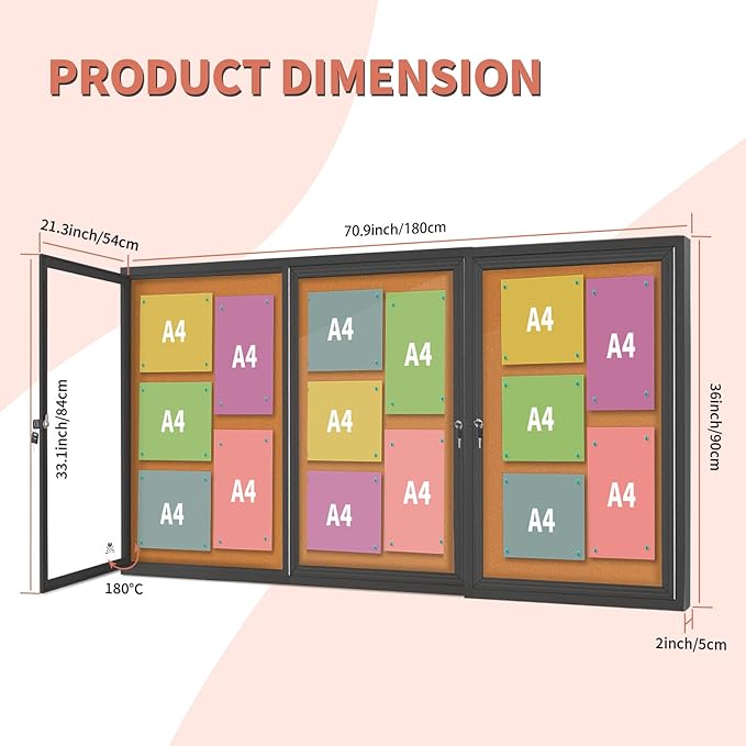 Enclosed Bulletin Board Lockable,3 Doors Weatherproof Outdoor Noticeboard with Locking Door, Wall-Mounted Aluminum Framed Presentation Board, 70x36 Inch-DeskLoop Office