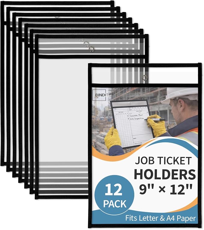 Binditek 12 Pack Heavy Duty Job Ticket Holders, 9 x 12 Inch Black Dry Erase by Binditek