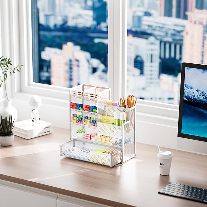 Marbrasse Mesh Pen Holder for Desk, Multi-Functional Pencil Organizer with Drawer, Desk Organizers and Accessories for Office Art Supplies (White)-DeskLoop Office