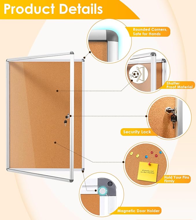 SWANCROWN Enclosed Bulletin Board 36x24 in, Tamperproof Lockable Cork Board Wall Display Case for Office School Home, Aluminum Frame-DeskLoop Office