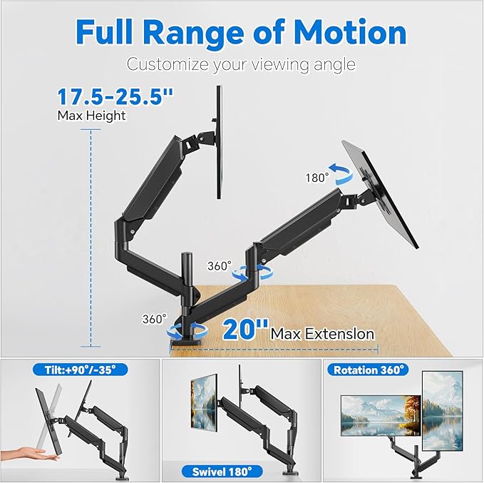 Simple Trending Dual Monitor Stand, Full Adjustable Monitor Mount, Gas Spring Monitors Arm for 13-32 inch Computer, VESA Mount with C-clamp & Grommet Mounting Holds Max 20 lbs Each, Freelift Black-DeskLoop Office