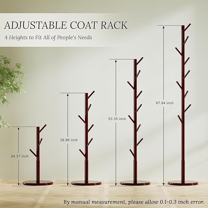 Wooden Coat Rack Freestanding Coat Tree with 4 Height Options and 9 Hooks, Sturdy Coat Rack Stand for Clothes/Bags/Hats, Easy Assemble Save Space for Entryway,Bedroom,Office,Narrow Place (Brown)-DeskLoop Office