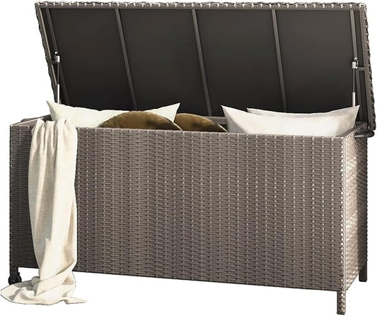 Grand patio 108 Gallon Deck Storage Box Indoor Outdoor Wicker Bin for Patio Furniture Cushions Garden Tools Pool Accessories, Greige-DeskLoop Office